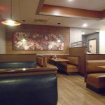 Photo weather resistant pleated shade chandelier restaurant booth